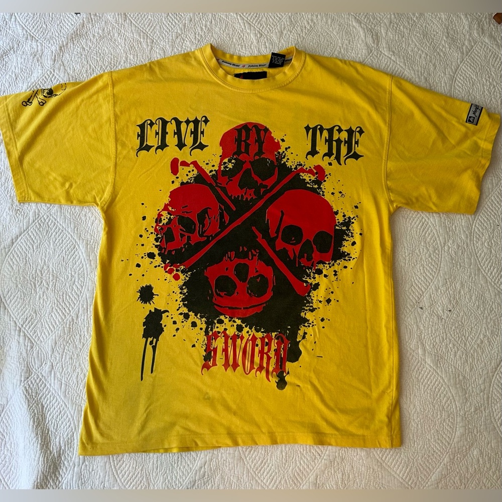 Johnny Blaze 90s Live by the Sword, Die by the Sword. Yellow XL. Skulls. Stain